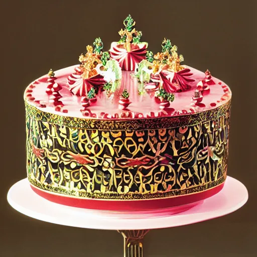 Image similar to photograph of a fancy baroque cake from 1970's cookbook in color