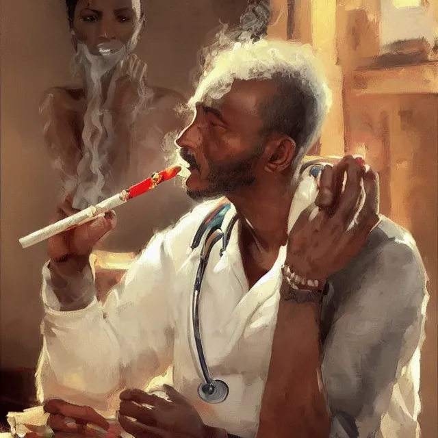 Image similar to an ethiopian male as a doctor smoking a cigarette, surrounded by beautiful women, portrait, elegant, intricate, digital painting, artstation, concept art, smooth, sharp focus, illustration, art by konstantin korovin and daniel f. gerhartz and john howe