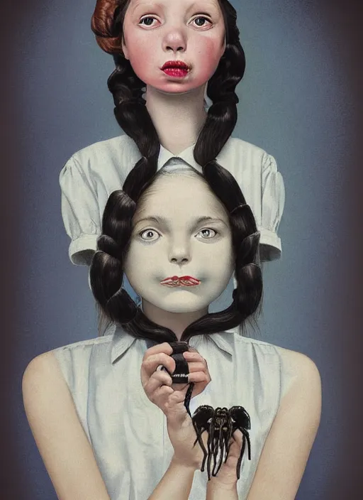 Image similar to surreal portrait of a girl whose head is a tarantula and whose body is dressed in a 1950s school dress, inspired by Mark Ryden and Marion Peck, hints of Cronenberg