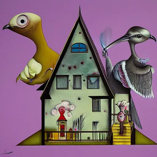 Image similar to anamorphic birds walking past a house, lowbrow surrealistic, in the style of Mark Ryden,