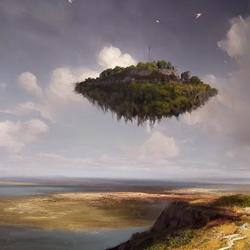 Prompt: greg rutkowski painting of an island floating in the air above a barren wasteland, there is no connection between the island and the ground, on the island there is a cracow wawel castle and a lot of green vegetation, beautiful, detailed