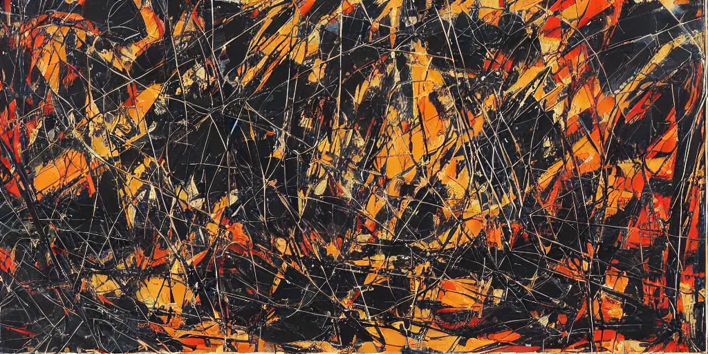 Image similar to “ a geometric mixed media painting, collaboration with pierre soulages and jackson pollock in which the paint strokes express a symphonic poem, ultra detailed, elaborate, 2 d with 3 d feel, unique textures, pattern, orchestra, music wave patterns embedded in the paint, triadic colors, hazy noisy tones ”