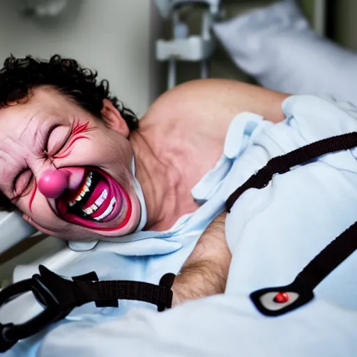 Prompt: confused laughing clown lying in hospital bed with wrist restraints on, restraints have fabric straps attached to hospital bed, photograph, 8 k