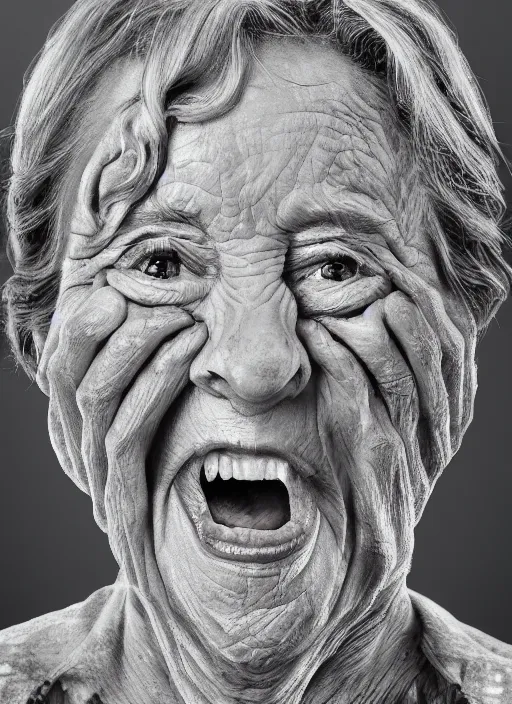 Prompt: a hyper realistic ultra realistic photograph of the 1000 foot tall grandma, highly detailed, 8k photo, mouth agape twisted writing in horror