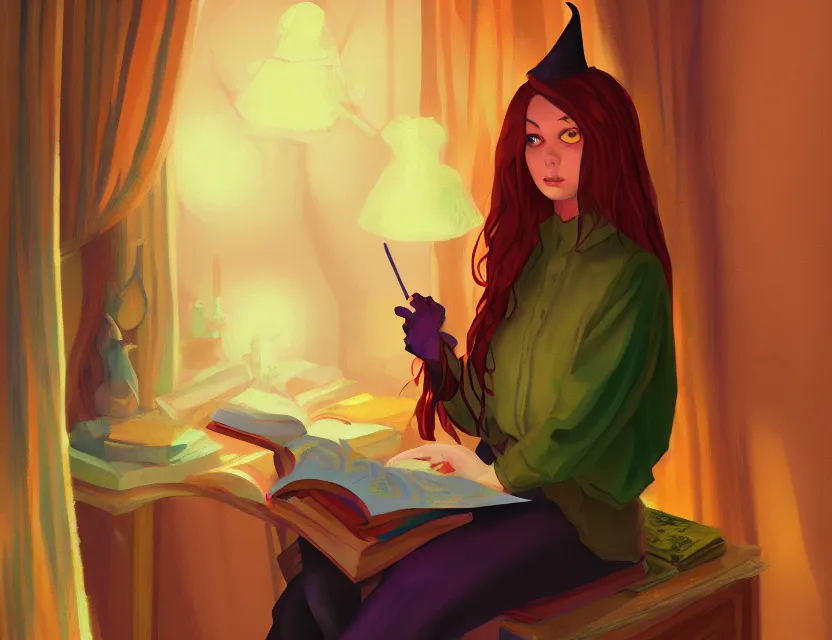 Image similar to anthro witch in a cozy study. complementary colors, oil painting, indie concept art, bloom, chiaroscuro, backlighting, intricate details.