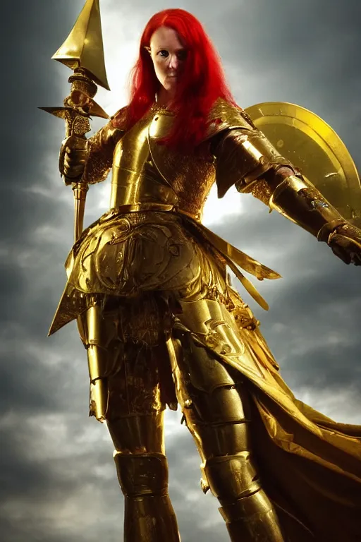 Prompt: a tall, red - haired female knight wearing golden armor and a right golden prosthetic arm, she wields a long golden blade