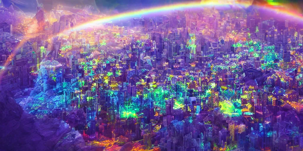 Image similar to City on Prism World, city inside of a crystal made of transparent prisms, fantasy world inside of a crystal, roads of light, rainbow colors, detailed matte painting, fantasy landscape, hyperrealistic