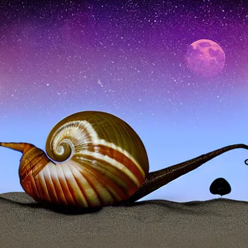 Prompt: snail sitting under the moon on the beach