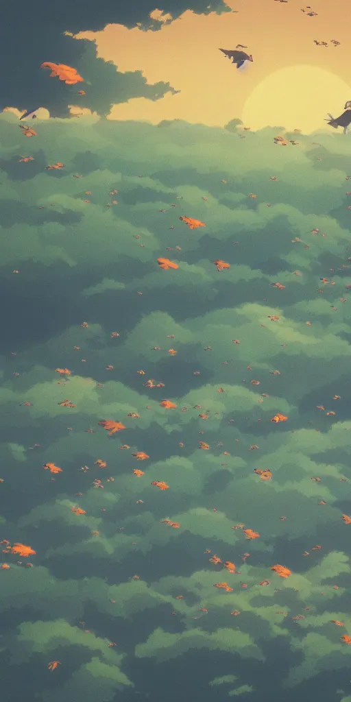 Image similar to a flock of fishes flying above a countryside village, melancholic, dusk, Studio ghibli, 4k