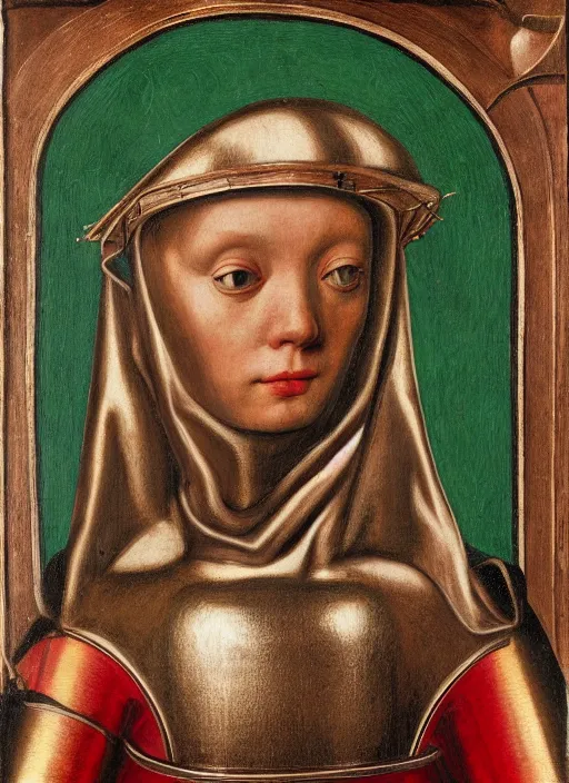 Image similar to a portrait of a shiny metallic renaissance robot, in the style of Jan van Eyck,