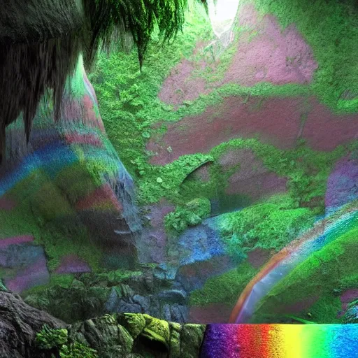 Prompt: rainbow colored caves lead to a rainforest, highly detailed digital art, artstation, cfg = 1 2
