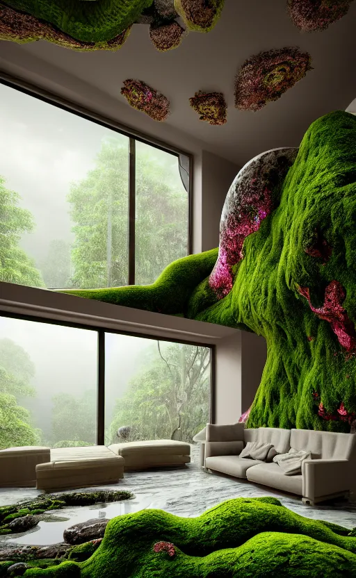 Image similar to highly detailed villa natural beautiful light interior soft cinematic composition of a smooth ceramic porcelain biomorphic magnolia stone nebula fluid sci - fi surreal colorful architecture landscape, furniture, granite, trees, marble, moss, lichen, fungi, vincent callebaut composition, mamou - mani, archviz, 8 k, unreal engine, hdr