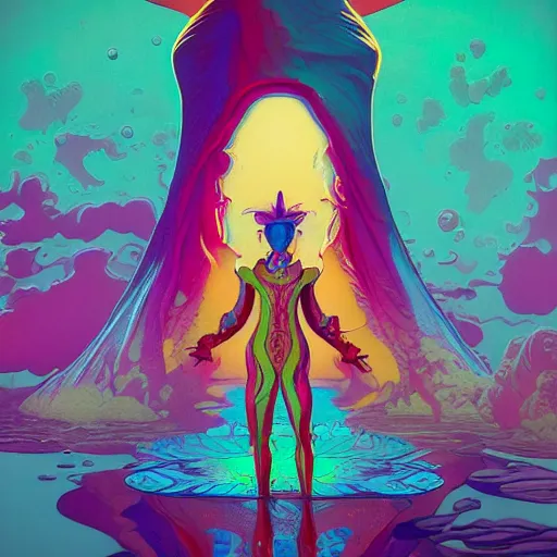 Image similar to colourful breathtakingly weird beautiful powerful magical wonderfully majestic beautifully cool character by michael whelan and moebius and beeple and kilian eng and dan mcpharlin and pascal blanche and jamie hewlett and richard dadd, symmetrical, magical stormy reflections, smoke on water, 8 k artstation