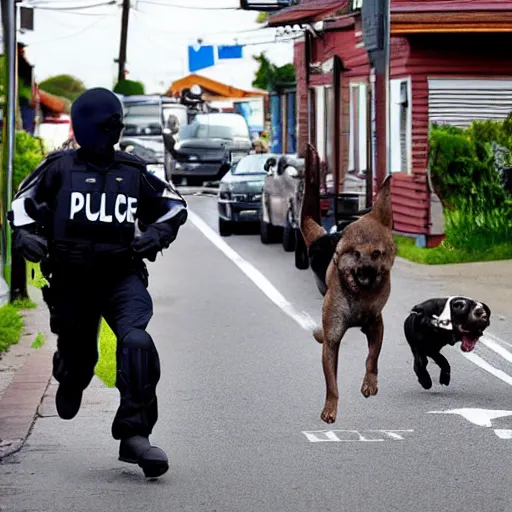 Image similar to a dog wearing a policeman uniform, chasing a robber down a street, polarid