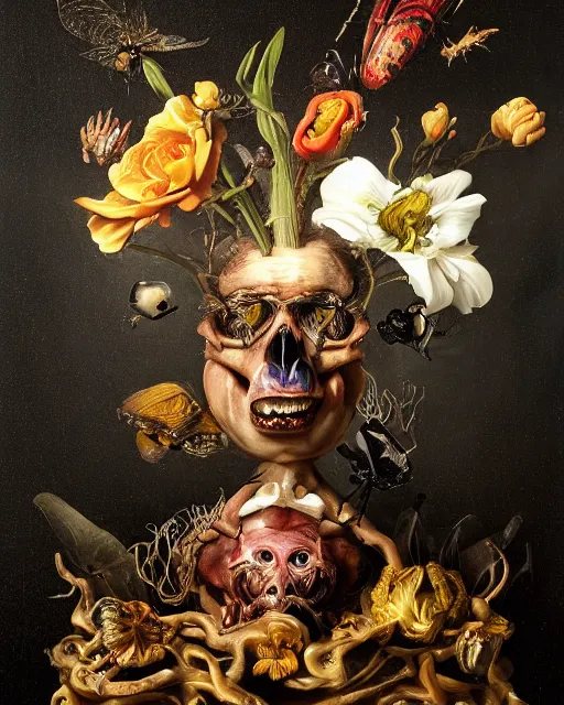 Prompt: refined gorgeous blended oil painting with black background by christian rex van minnen rachel ruysch dali todd schorr chiaroscuro portrait extremely bizarre disturbing mutated man beautiful suit made of still life flowers and rubber insects with shiny skin dutch golden age vanitas intense chiaroscuro cast shadows obscuring features dramatic lighting perfect symmetry perfect composition masterpiece