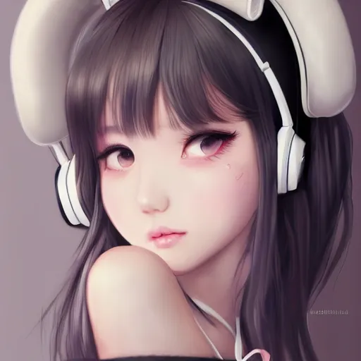 Image similar to realistic beautiful gorgeous buxom natural cute blushed shy girl Blackpink Lalisa Manoban black hair fur black cat ears, wearing white camisole, headphones, black leather choker artwork drawn full HD 4K highest quality in artstyle by professional artists WLOP, Taejune Kim, Guweiz, Aztodio on Pixiv Instagram Artstation