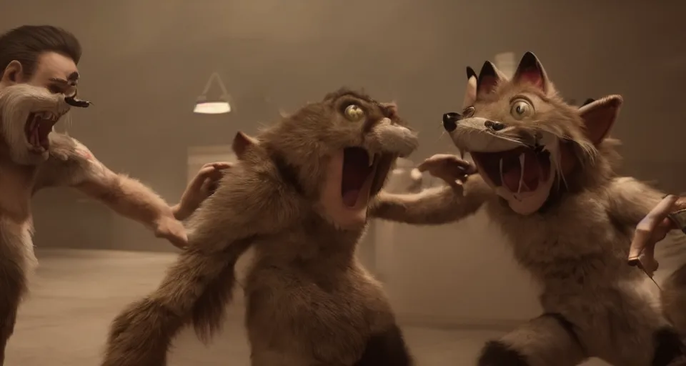 Image similar to nicolas cage beating up furry cosplayers, 4 k, octane render, choreographed fight scene, composition, shot by director park chan - wook