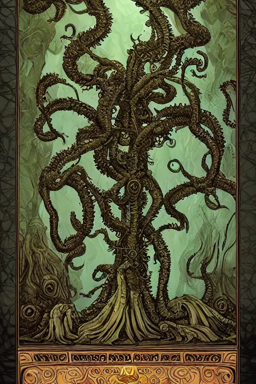 Prompt: ancient eldritch plant horror cthulhu, concept art, digital art, tarot card