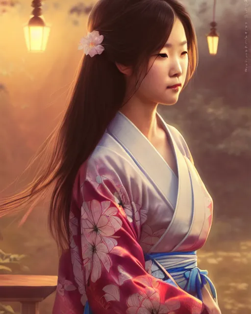 Image similar to a beautiful okinawa girl wear elegant yukata in festival | | summer night, realistic shaded, pleasant face, good looking, fine details, 4 k realistic, cryengine, realistic shaded lighting poster by greg rutkowski, magali villeneuve, artgerm, jeremy lipkin and michael garmash and rob rey