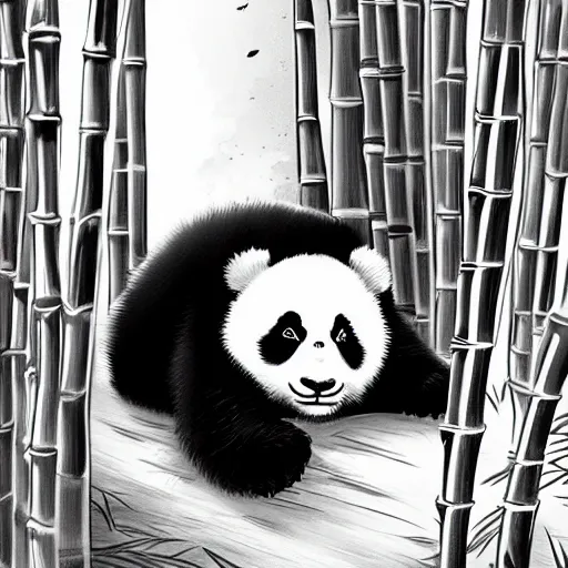 Prompt: A baby panda sleeping in a bamboo forest by studio ghibli, highly detailed body, peaceful atmosphere , digital art , highly detailed , high contrast, beautiful lighting, award winning , trending on art station, photorealistic, 8k