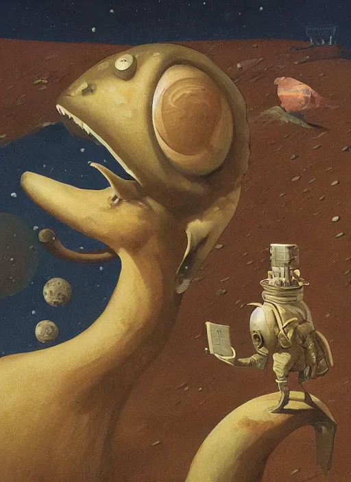 Image similar to a deer horned astronaut stands atop a melting dinosaur on the moon, Edward Hopper and James Gilleard, Zdzislaw Beksinski, Mark Ryden, Wolfgang Lettl highly detailed, hints of Yayoi Kasuma, Odilon Redon. Drexler