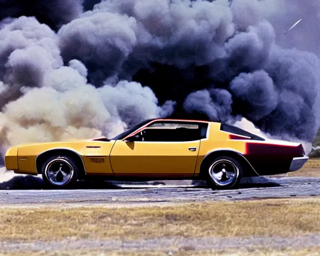 Prompt: Pontiac firebird drivning away from an explotion, 70's movie scen