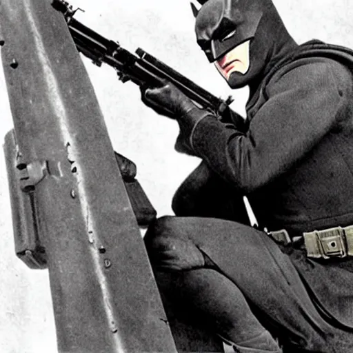 Image similar to old wartime photograph of batman holding a lewis gun, 1 9 1 7