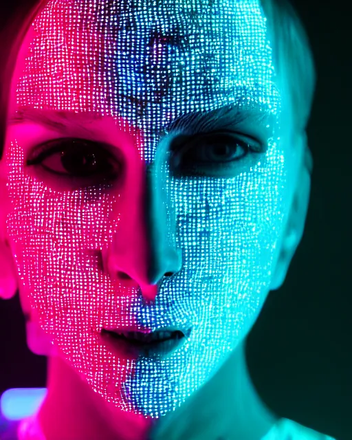 Prompt: dramatic cyberpunk portrait of a metallic featureless face, crystalline, red glow, green glow, blue glow, atmospheric haze, intense shading, chromatic aberration, glitch, backlit, bokeh, centered