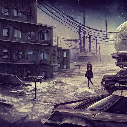 Image similar to Сyberpunk style photo on a parking lot in a Soviet slum on the moon, Neo Norilsk, sci-fi, fantasy, intricate, very very beautiful, elegant, highly detailed, smooth, Unreal Engine 5, sharp focus, illustration, art by artgerm and greg rutkowski and alphonse mucha and evgeny zubkov