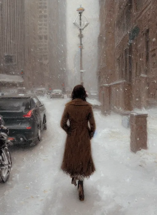 Image similar to back of emma stone in beige coat, walking into new york apartment building in winter, snow, artwork by gaston bussiere, craig mullins, trending on artstation