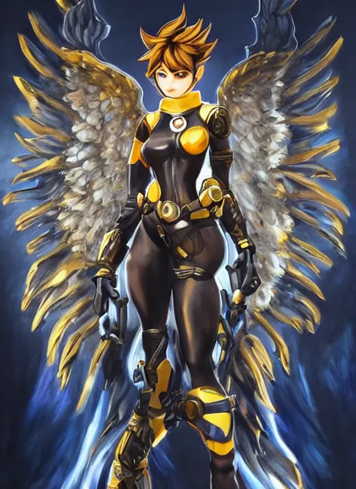 Prompt: full body oil painting of tracer overwatch, angel wings, dramatic painting, symmetrical composition, wearing gold detailed choker, golden cuffs, black shiny armor, detailed face and eyes,