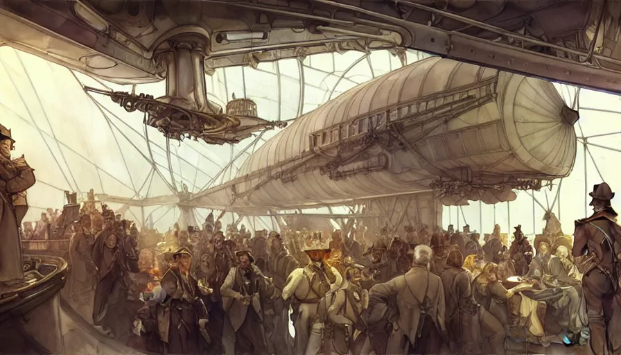 Prompt: airship interior bridge of warship, captain and bridge crew, french baroque, napoleonic, dieselpunk science fiction, steampunk, command and control center, sharp, concept art watercolor illustration by mandy jurgens and alphonse mucha, dynamic lighting
