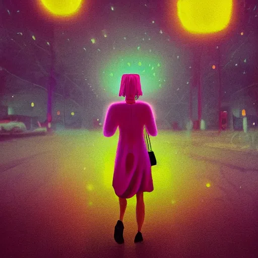 Image similar to giant daisy flower head, woman walking in a modern city with neon, surreal photography, night, dark, stars, impressionist painting, digital painting, artstation, simon stalenhag