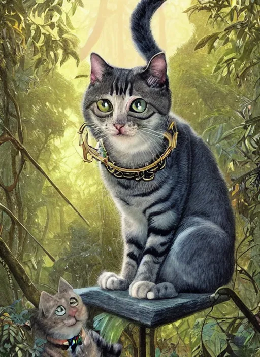 Image similar to a hyper realistic illustrated cat with happy lighting and technology jewelry in the woods gorgeous lighting, sunbeams blue sky, lush forest foliage painting by chiara bautista and beksinski and norman rockwell and greg rutkowski weta studio, and lucasfilm