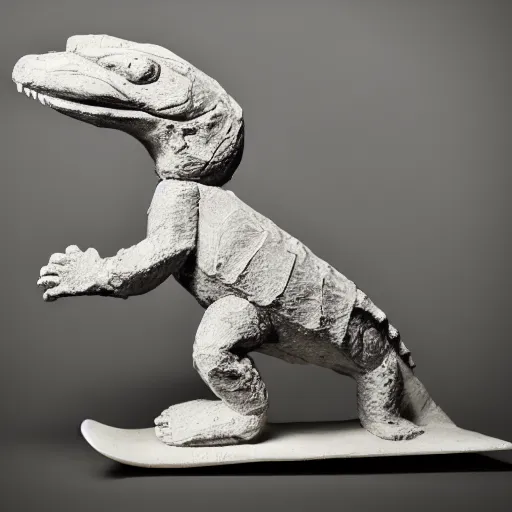 Prompt: rough plaster sculpture of an alligator on a skateboard, high resolution photograph, strong directional light, strange atmosphere