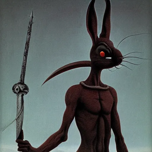 Prompt: Bugs Bunny as a dark souls boss by zdzisław beksiński
