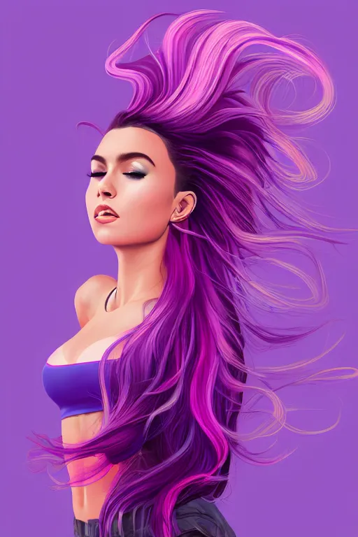 Image similar to a award winning half body porttrait of a beautiful woman in a croptop with ombre purple pink teal hairstyle with head in motion and hair flying, outrun, vaporware, shaded flat illustration, digital art, trending on artstation, highly detailed, fine detail, intricate