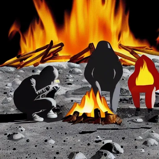 Prompt: photo of a family of fries making a campfire on the moon