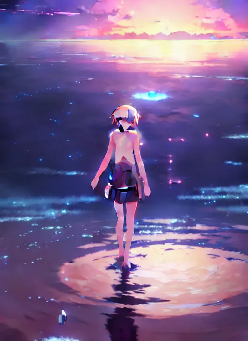 Image similar to anime girl walking on water, ripples, backdrop of dawn, saturn in the background, illustration, concept art, anime, key visual, trending pixiv fanbox by wlop and greg rutkowski and makoto shinkai and studio ghibli