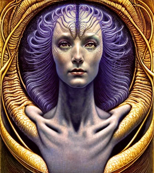 Prompt: detailed realistic beautiful young cher alien robot as queen of andromeda galaxy portrait by jean delville, gustave dore and marco mazzoni, art nouveau, symbolist, visionary, baroque, giant fractal details. horizontal symmetry by zdzisław beksinski, iris van herpen, raymond swanland and alphonse mucha. highly detailed, hyper - real, beautiful