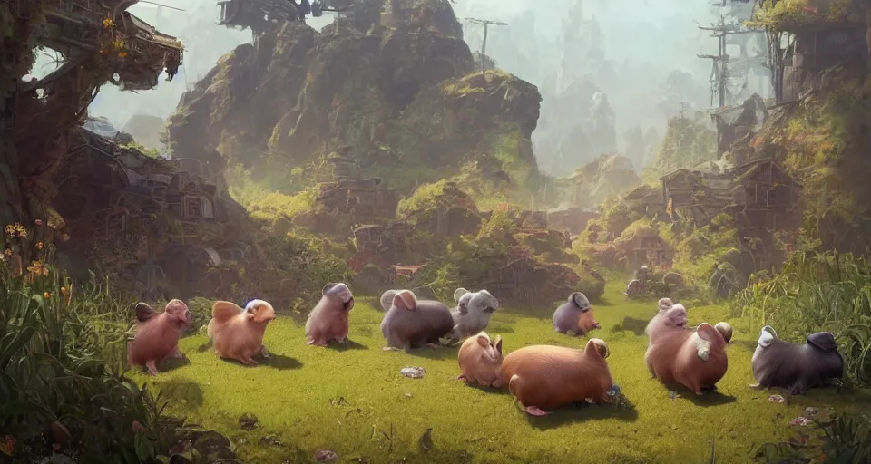 Image similar to hyper realistic cute guineapigs everywhere, by simon stalenhag, frank frazetta, greg rutkowski, beeple, christian macnevin, wlop and krenz cushart, epic fantasy character art, volumetric outdoor lighting, midday, high fantasy, cgsociety, cheerful colours, full length, exquisite detail, post - processing, masterpiece, cinematic