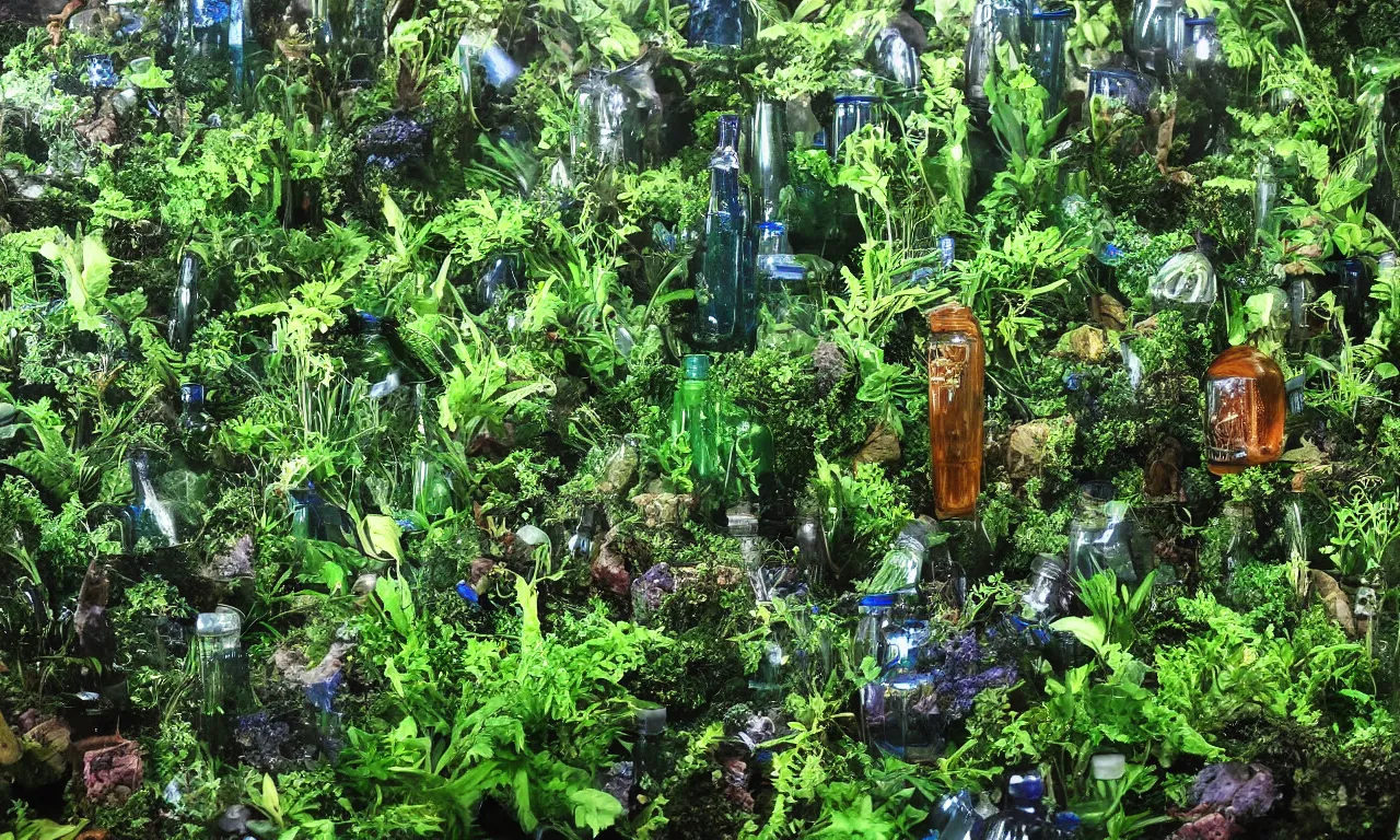 Prompt: lush rainforests in mccartney bottles, terrarium worlds 8 k /