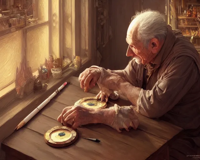 Image similar to a tired old man painting a wooden doll, deep focus, d & d, fantasy, intricate, elegant, highly detailed, digital painting, artstation, concept art, matte, sharp focus, illustration, hearthstone, art by artgerm and greg rutkowski and alphonse mucha