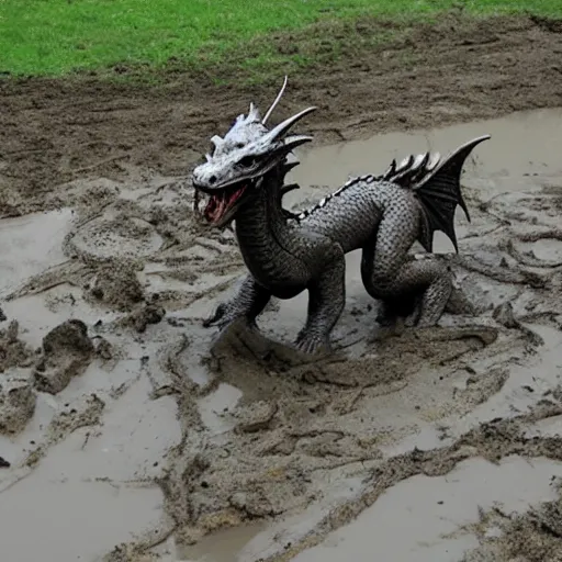 Prompt: dragon play in mud