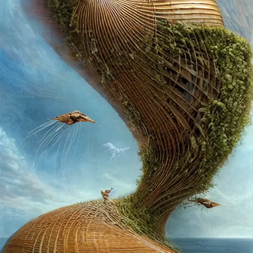 Image similar to beautiful portrait of bamboo living pods shaped like a sea shell embedded on the side of a cliff, the time machine, mechanical birds in flight, panoramic view, art by artgerm, artwork by peter gric and brian froud and esao andrews