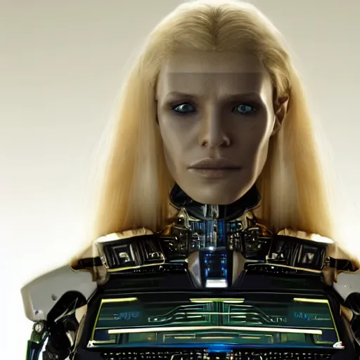 Image similar to panorama of a very pretty blond borg queen on a borg ship, cybernetic implants, perfect face, symmetrical face, moody lighting, shallow depth of field,