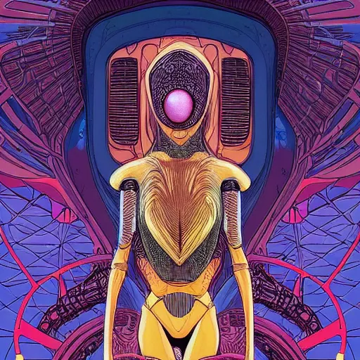 Image similar to beautiful portrait of the mysterious organic robot, vogue cover, vogue poses, beautiful futuristicornamental cape, intricate, highly detailed, masterful, fantasy world, sci fi world, in the style of moebius, akira toriyama, jean giraud, 8 k