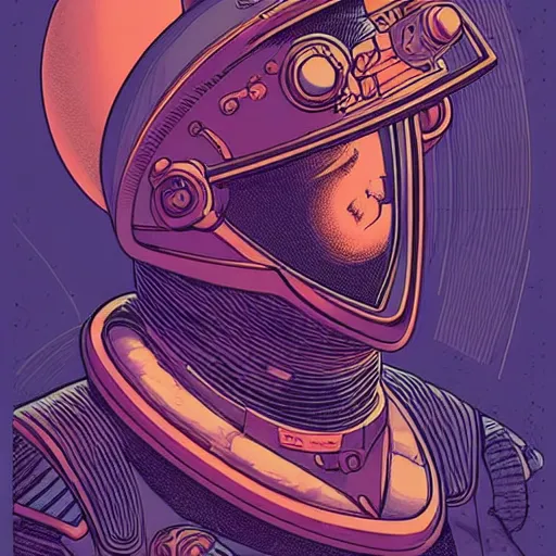 Prompt: moebius and mohrbacher portrait of a retro futuristic space ship captain, detailed illustration, stern look,