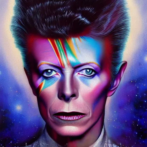 Prompt: UHD tonalism cosmic painting of David Bowie, by Antonio Caparo and Ferdinand Knab and Greg Rutkowski, UHD, photorealistic, trending on artstation, trending on deviantart