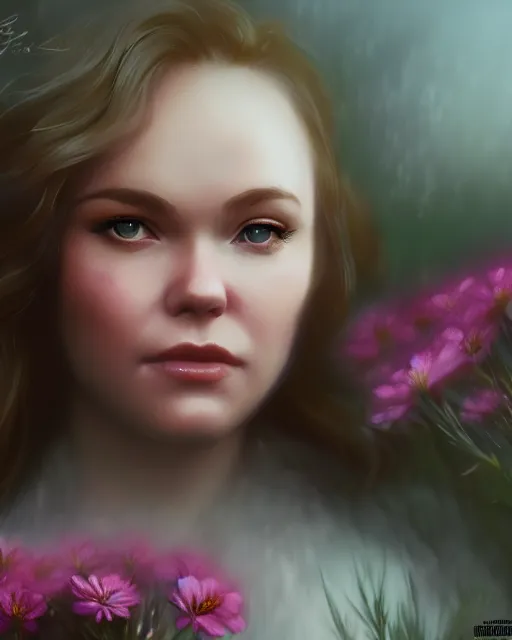 Prompt: tuesday weld surrounded by mist and pretty flowers, very detailed, realistic face, detailed face, matte, tonemapping, bbwchan, perfection, 4 k, cushart krenz, cinematic, atmospheric